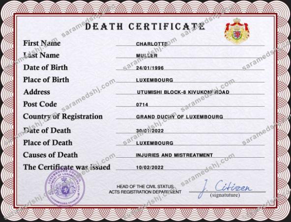 Luxembourg vital record death certificate PSD template